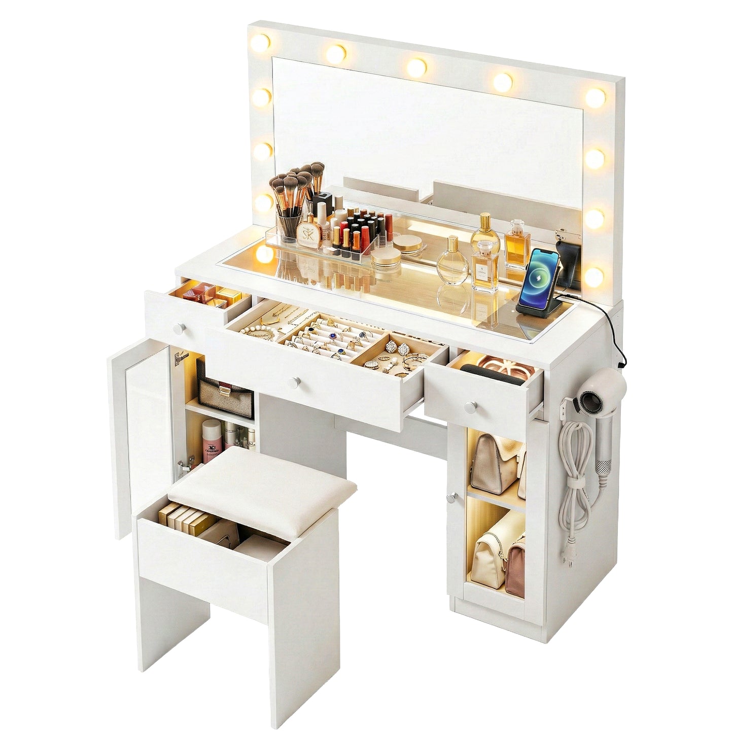 Dressing Table Vanity Desk Set LED Bulbs RGB Light - White