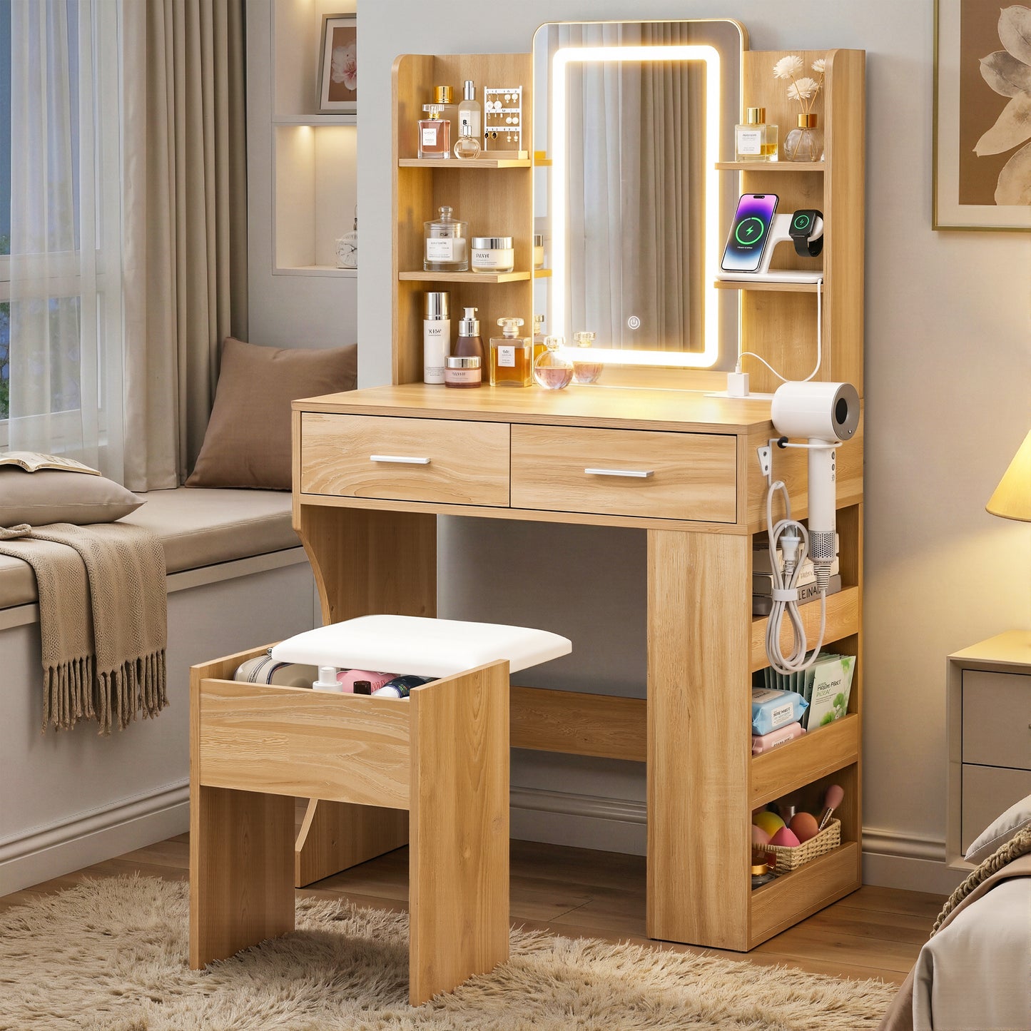 Dressing Table LED Vanity Desk Set Stool - Wood