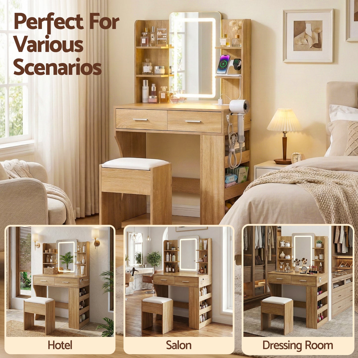 Dressing Table LED Vanity Desk Set Stool - Wood