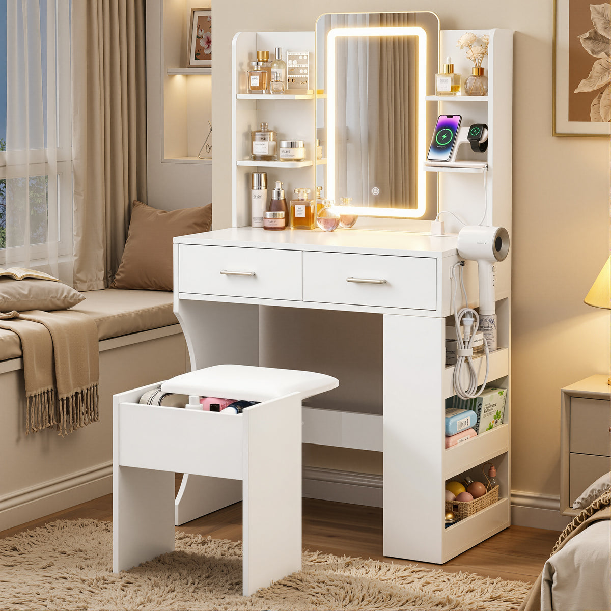 Dressing Table LED Vanity Desk Set Stool - White
