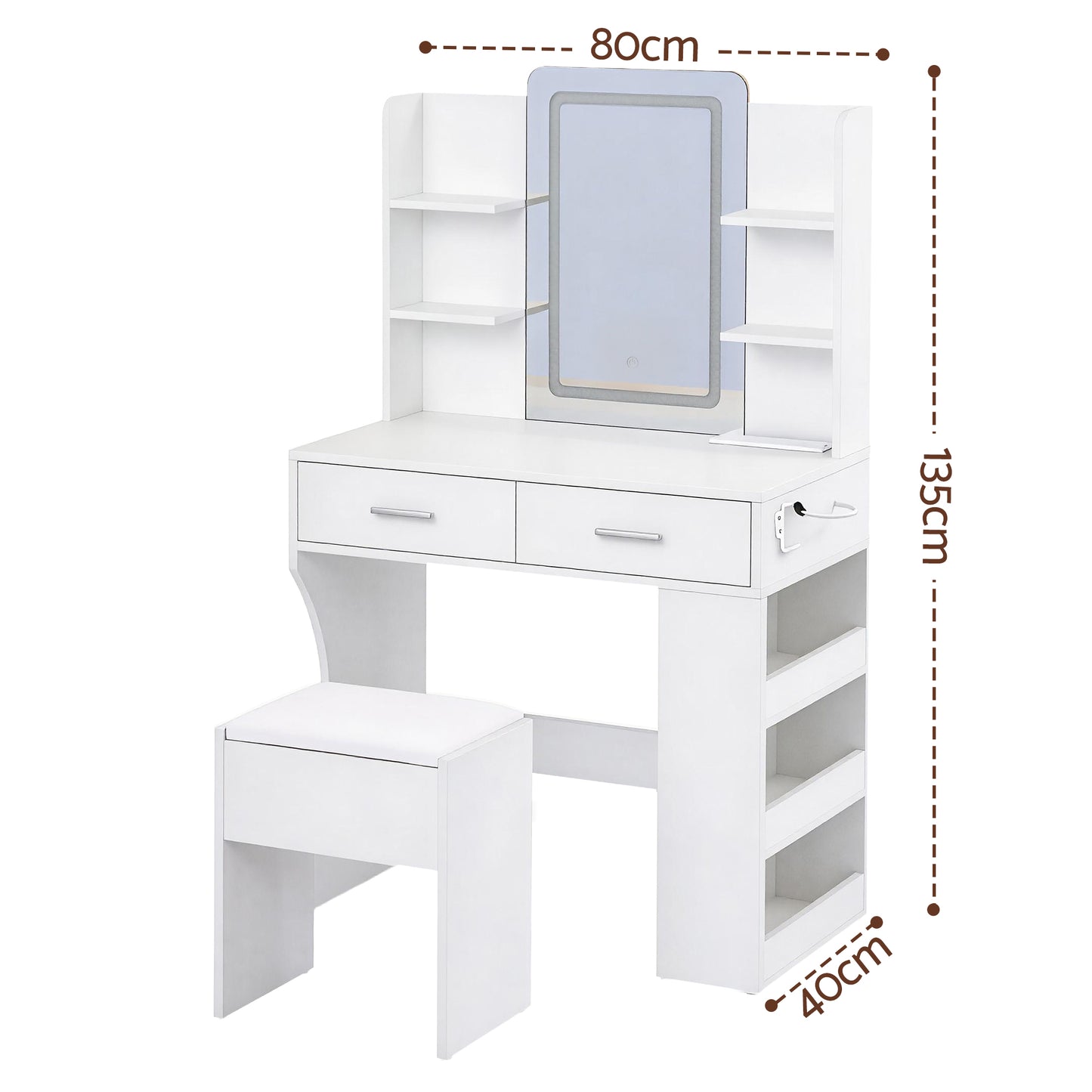 Dressing Table LED Vanity Desk Set Stool - White