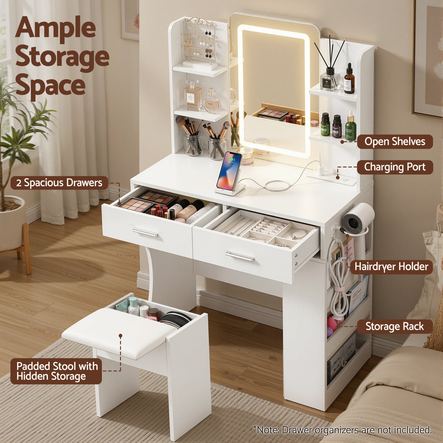 Dressing Table LED Vanity Desk Set Stool - White