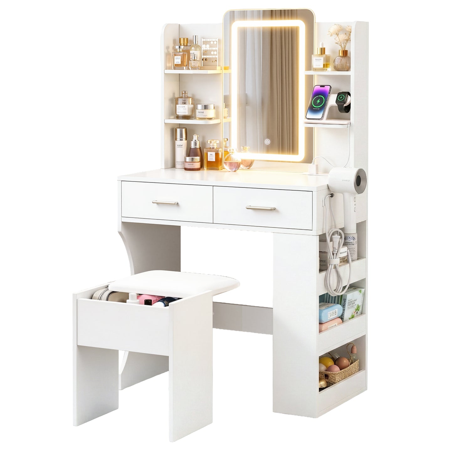 Dressing Table LED Vanity Desk Set Stool - White