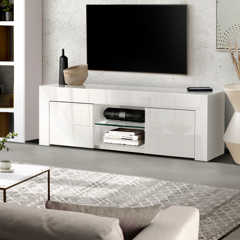 Viola 130cm High Gloss TV Stand Entertainment Unit Storage Cabinet Tempered Glass Shelf - White
