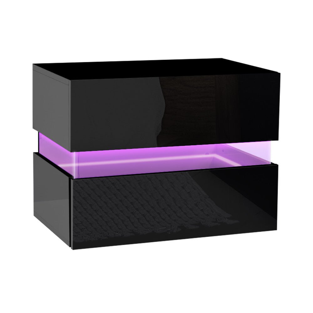 Granby LED High Gloss Bedside Tables RGB LED Side Nightstand High Gloss Cabinet with 2 Drawers - Black