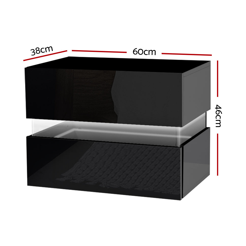 Granby LED High Gloss Bedside Tables RGB LED Side Nightstand High Gloss Cabinet with 2 Drawers - Black