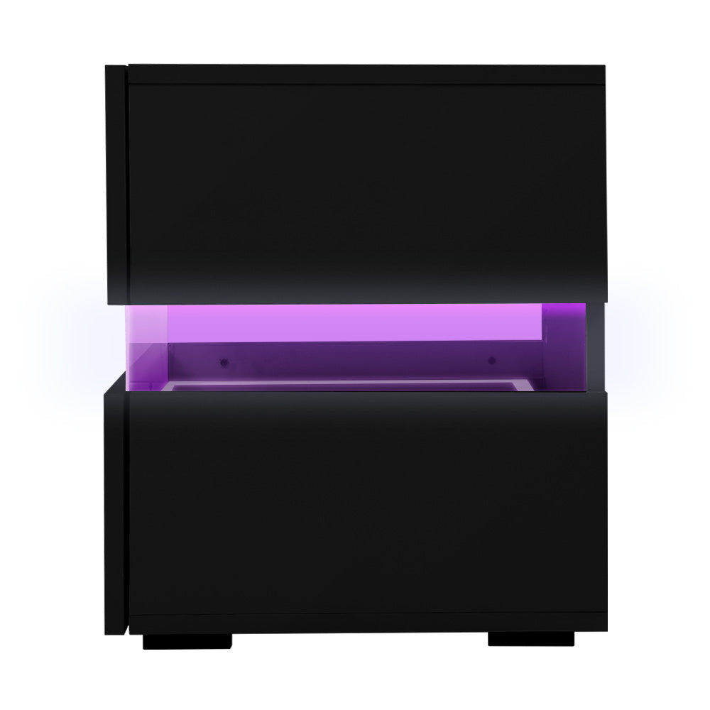 Granby LED High Gloss Bedside Tables RGB LED Side Nightstand High Gloss Cabinet with 2 Drawers - Black