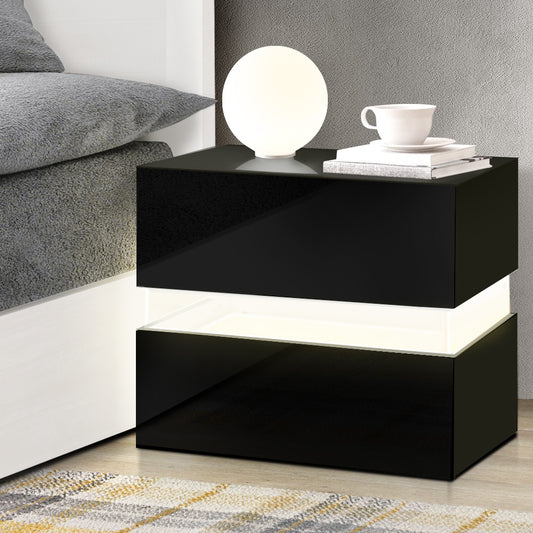 Granby LED High Gloss Bedside Tables RGB LED Side Nightstand High Gloss Cabinet with 2 Drawers - Black