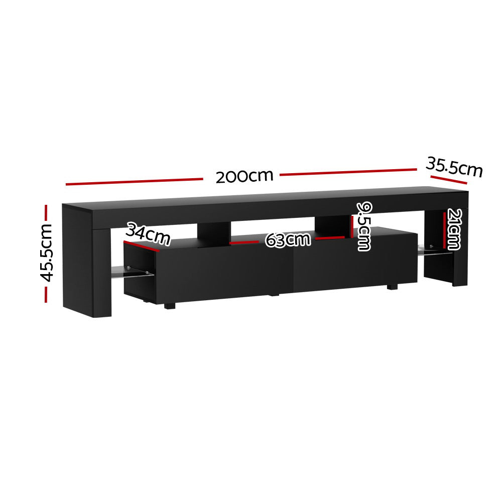 Erica 200cm TV Cabinet Entertainment Unit Stand RGB LED Gloss Furniture - Black
