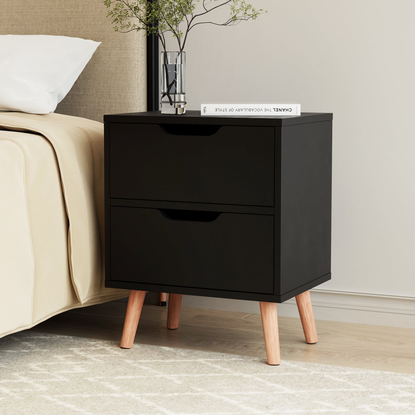 Reno Bedside Tables Nightstand with 2 Drawers - Black