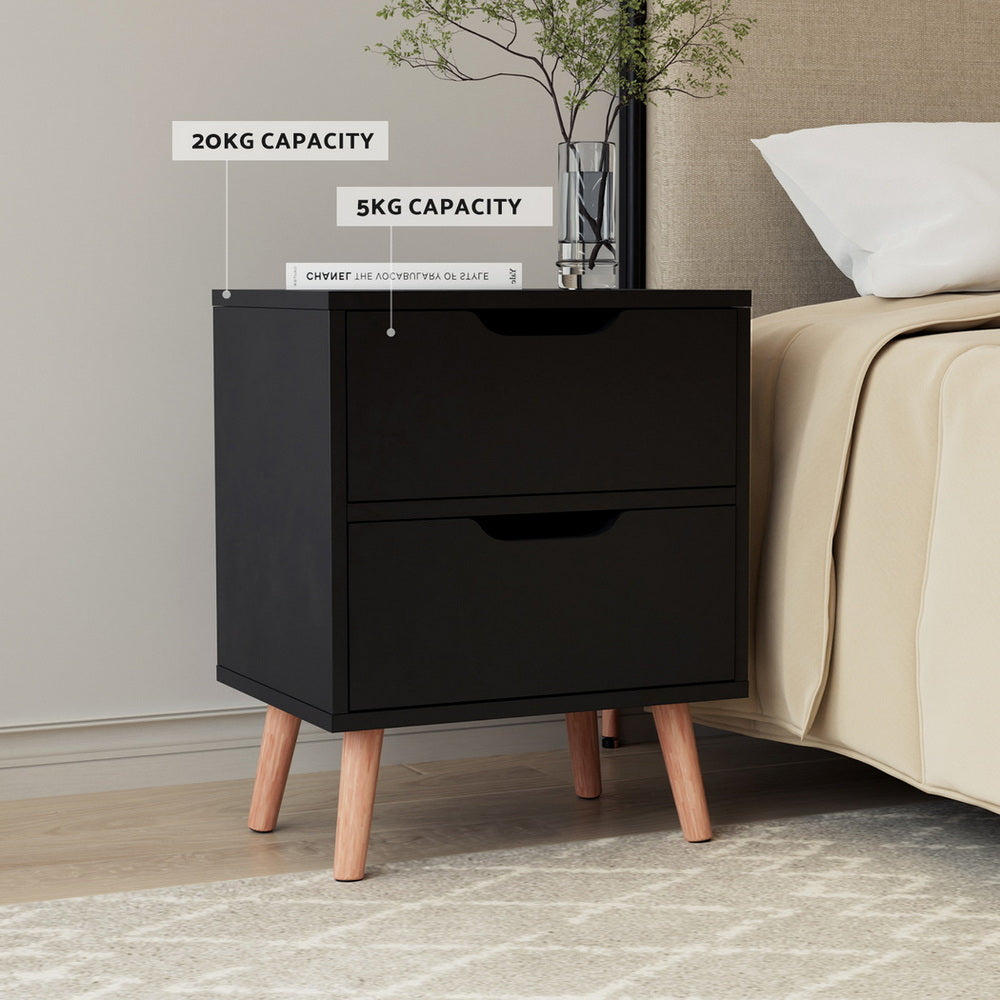 Set of 2 Reno Bedside Tables with 2 Drawers - Black