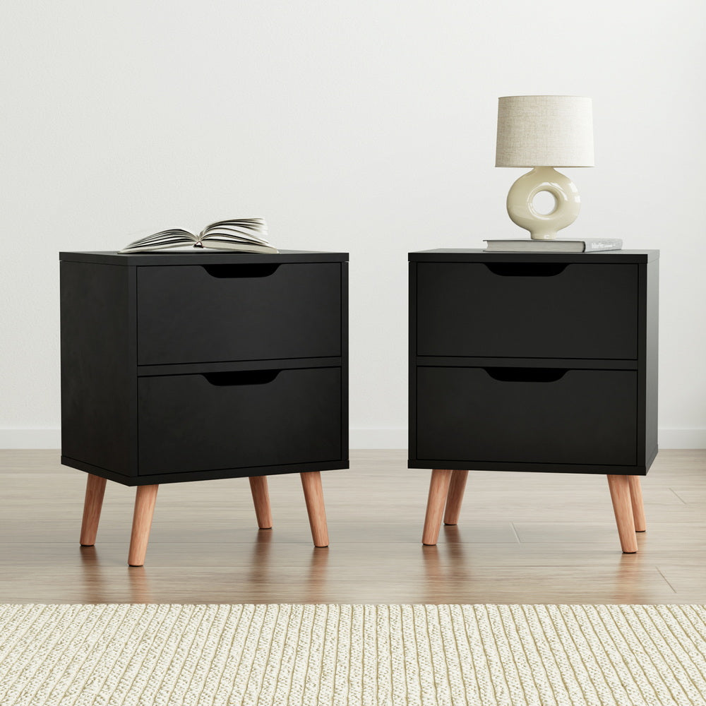 Set of 2 Reno Bedside Tables with 2 Drawers - Black