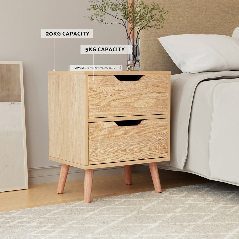 Reno Bedside Tables Nightstand with 2 Drawers - Pine
