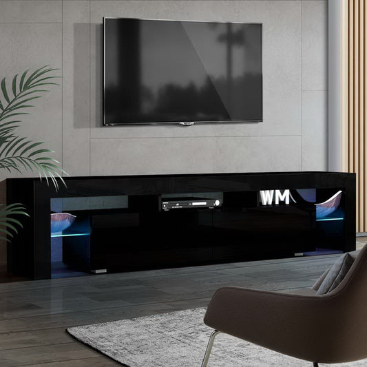 Denby 189cm RGB LED TV Stand Cabinet Entertainment Unit Gloss Furniture Drawers Tempered Glass Shelf - Black