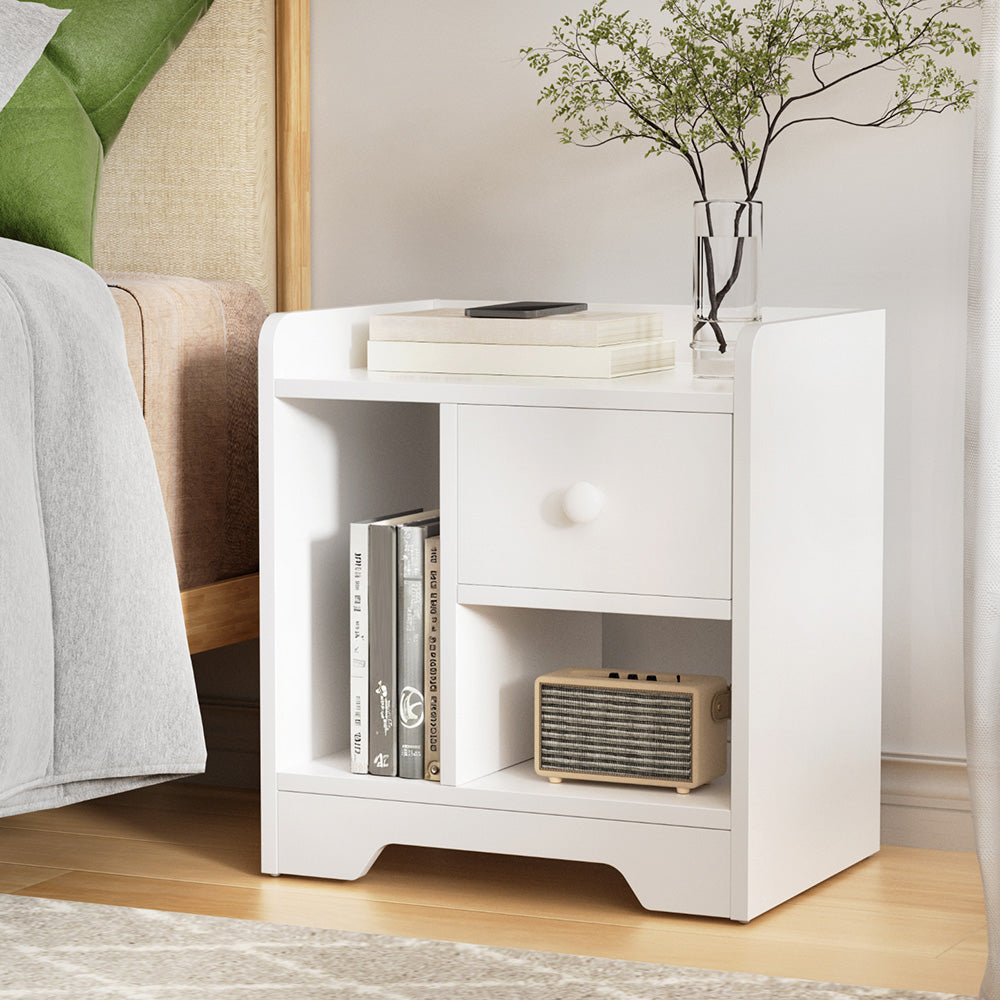 Lyra Bedside Tables Drawer Nightstand Side End Table Storage Open Shelf - White