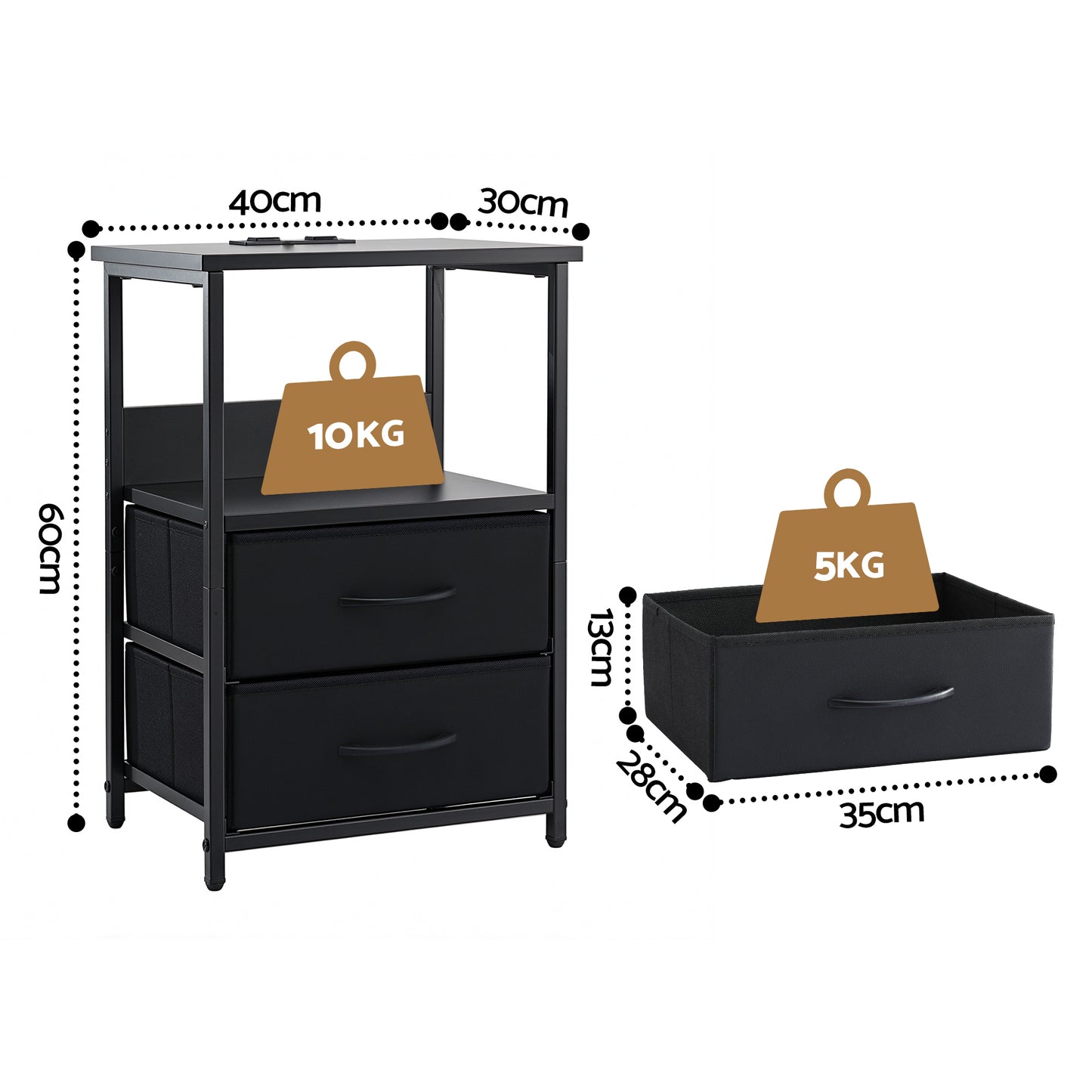 Nilo Bedside Tables LED Nightstand Charging Station Foldable with 2 Drawers - Black