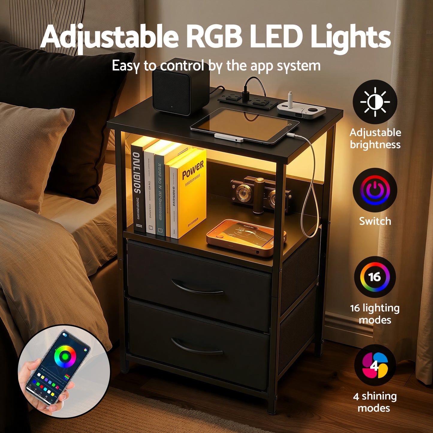 Nilo Bedside Tables LED Nightstand Charging Station Foldable with 2 Drawers - Black