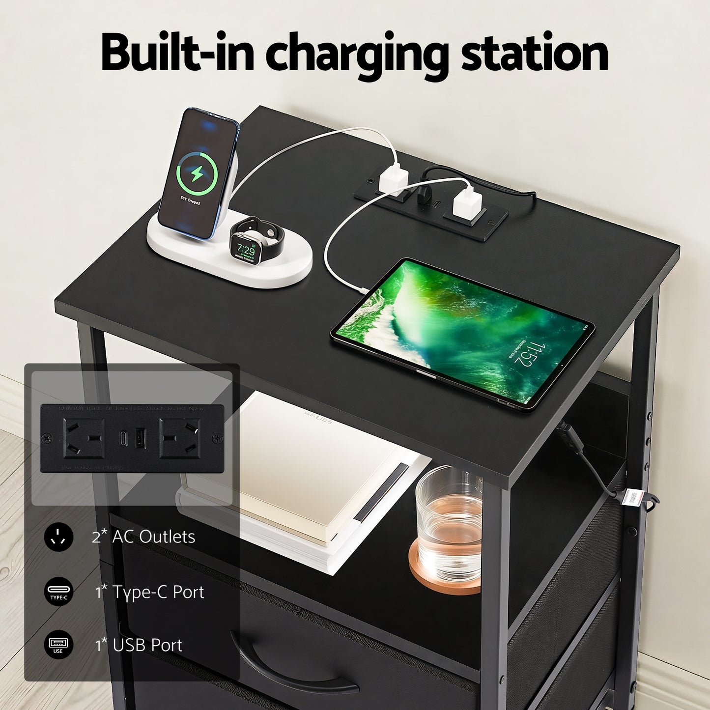 Nilo Bedside Tables LED Nightstand Charging Station Foldable with 2 Drawers - Black
