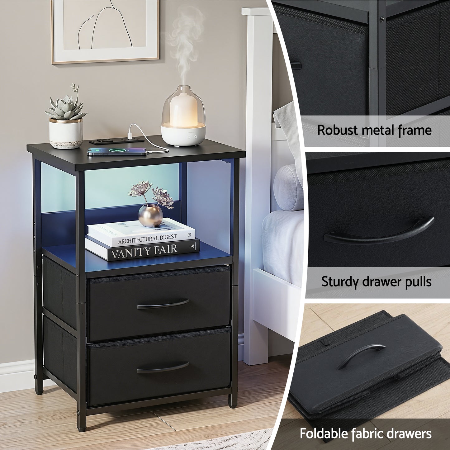 Nilo Bedside Tables LED Nightstand Charging Station Foldable with 2 Drawers - Black