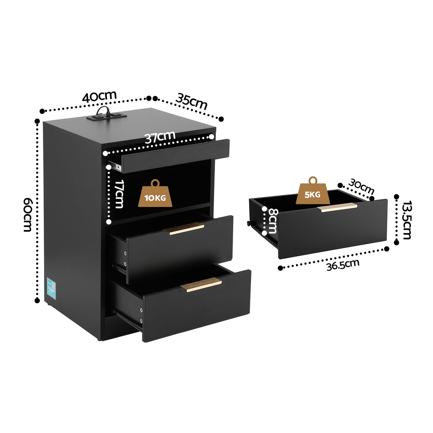Cobourg LED Nightstand Bedside Table Charging Station with 2 Drawers - Black