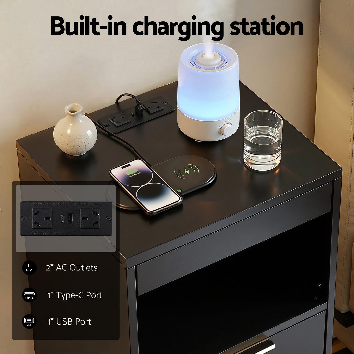 Cobourg LED Nightstand Bedside Table Charging Station with 2 Drawers - Black
