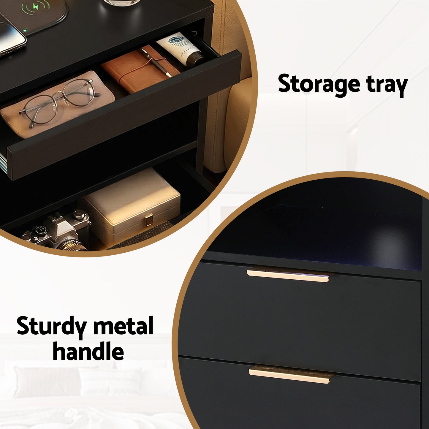 Cobourg LED Nightstand Bedside Table Charging Station with 2 Drawers - Black