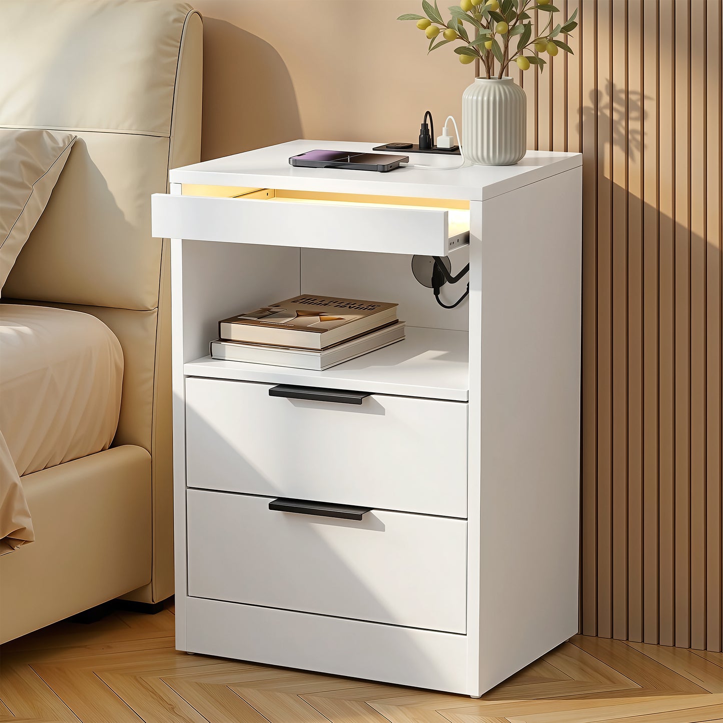Cobourg LED Nightstand Bedside Table Charging Station with 2 Drawers - White