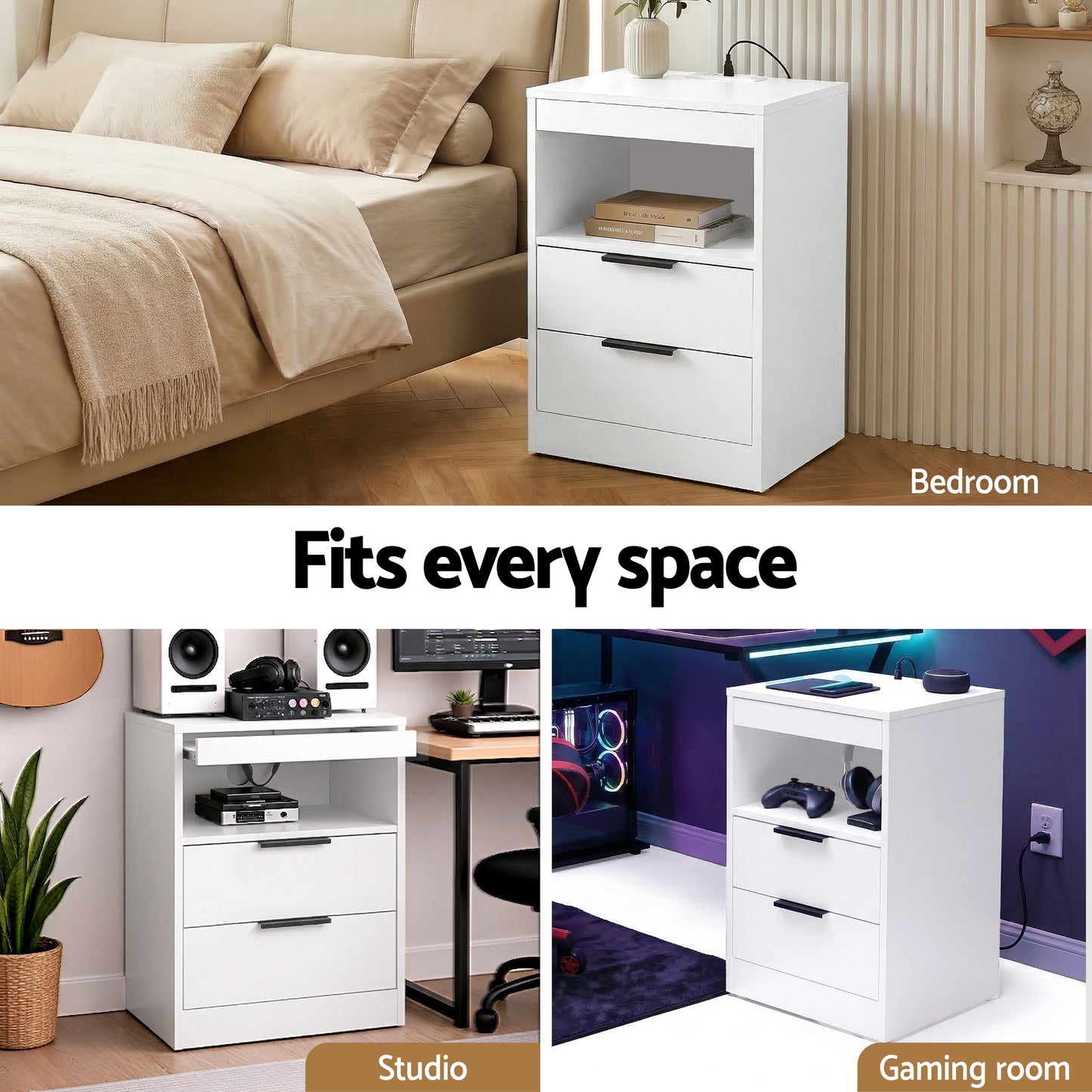 Cobourg LED Nightstand Bedside Table Charging Station with 2 Drawers - White