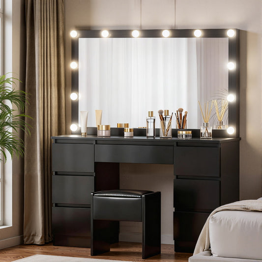 Dressing Table Vanity Desk Set Stool 12 Led Bulbs - Black