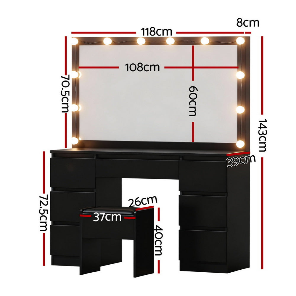 Dressing Table Vanity Desk Set Stool 12 Led Bulbs - Black