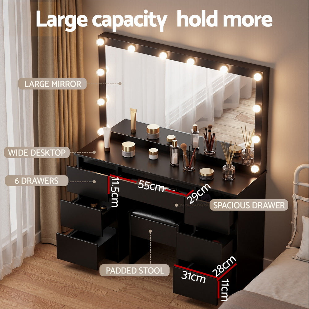 Dressing Table Vanity Desk Set Stool 12 Led Bulbs - Black