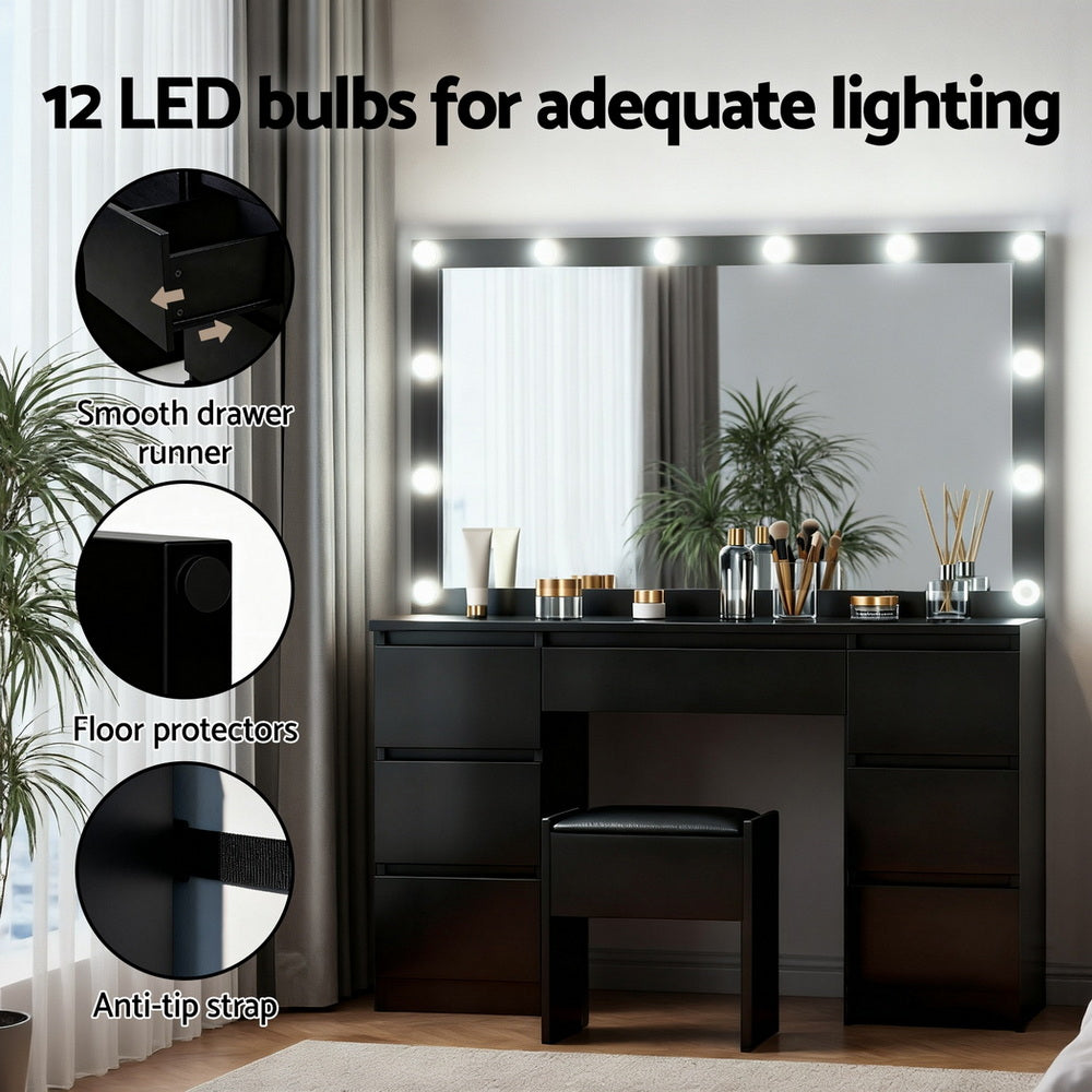 Dressing Table Vanity Desk Set Stool 12 Led Bulbs - Black