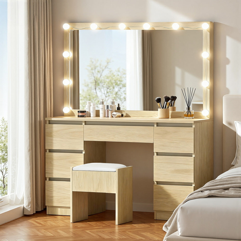 Dressing Table Vanity Desk Set Stool 12 Led Bulbs - Wood