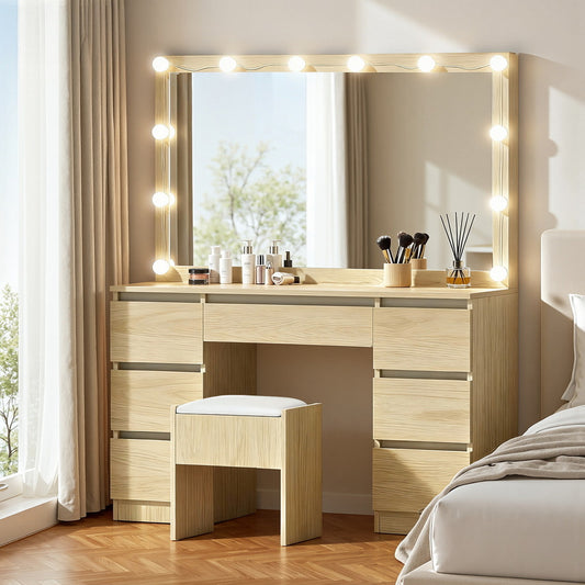 Dressing Table Vanity Desk Set Stool 12 Led Bulbs - Wood