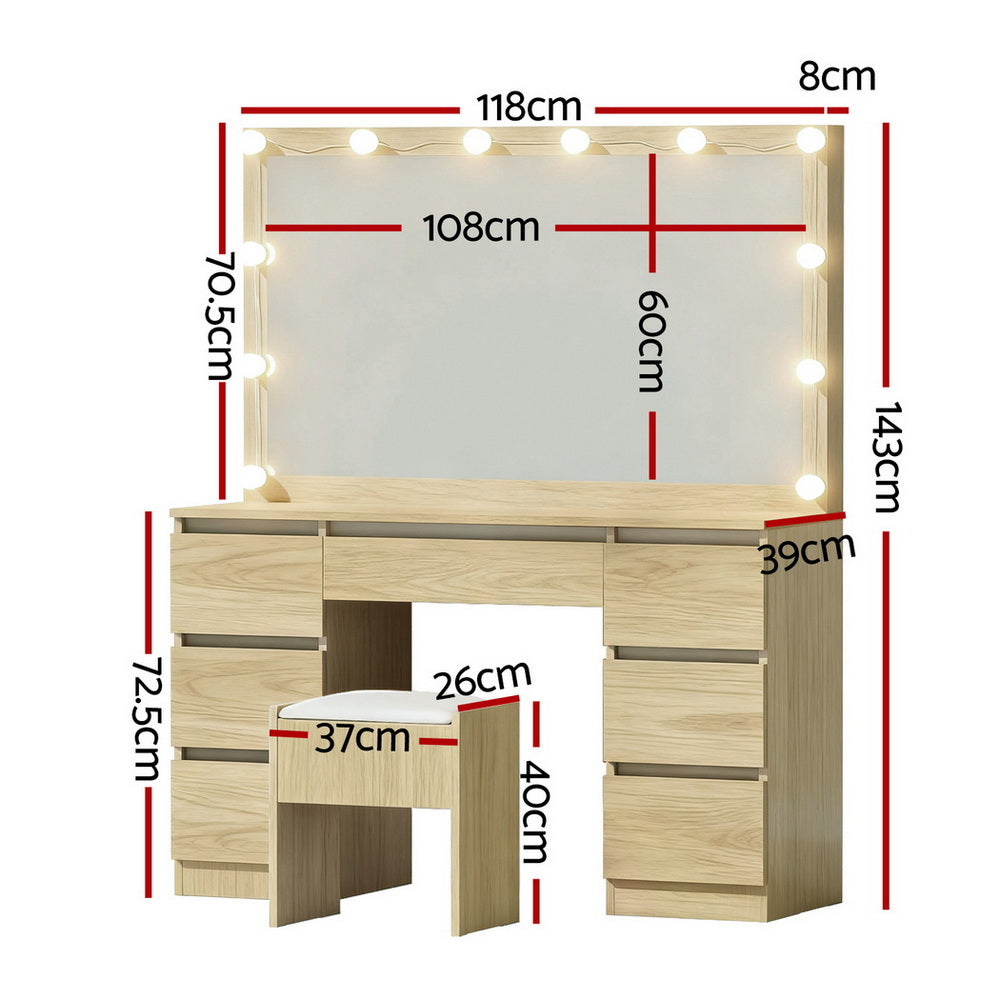 Dressing Table Vanity Desk Set Stool 12 Led Bulbs - Wood