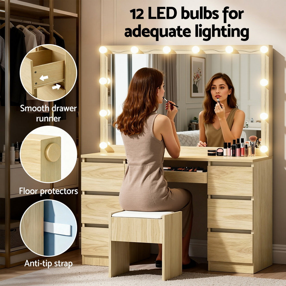 Dressing Table Vanity Desk Set Stool 12 Led Bulbs - Wood