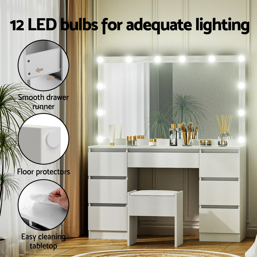 Dressing Table Vanity Desk Set Stool 12 Led Bulbs - White