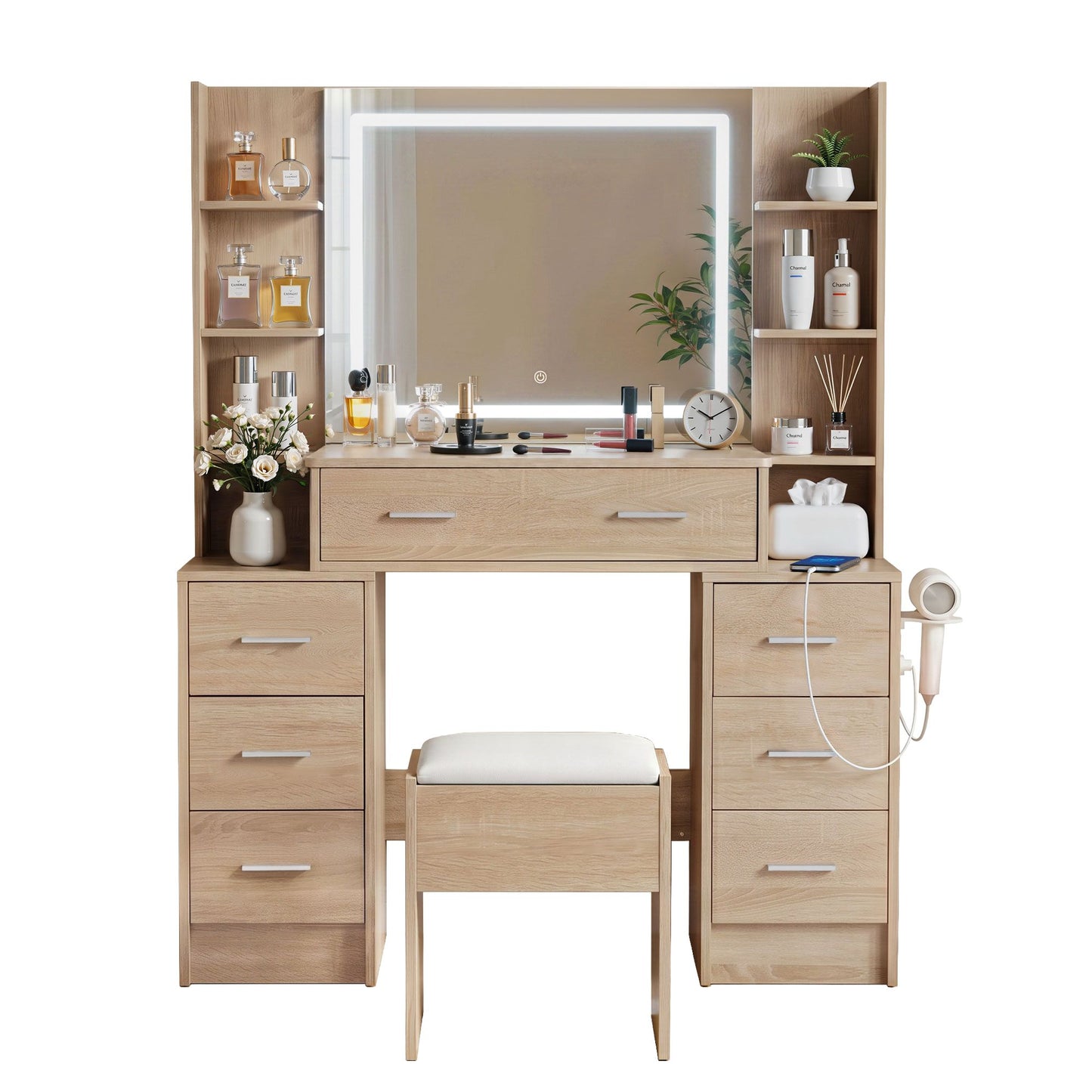Dressing Table Vanity Desk Set Stool LED Charging Station - Wood