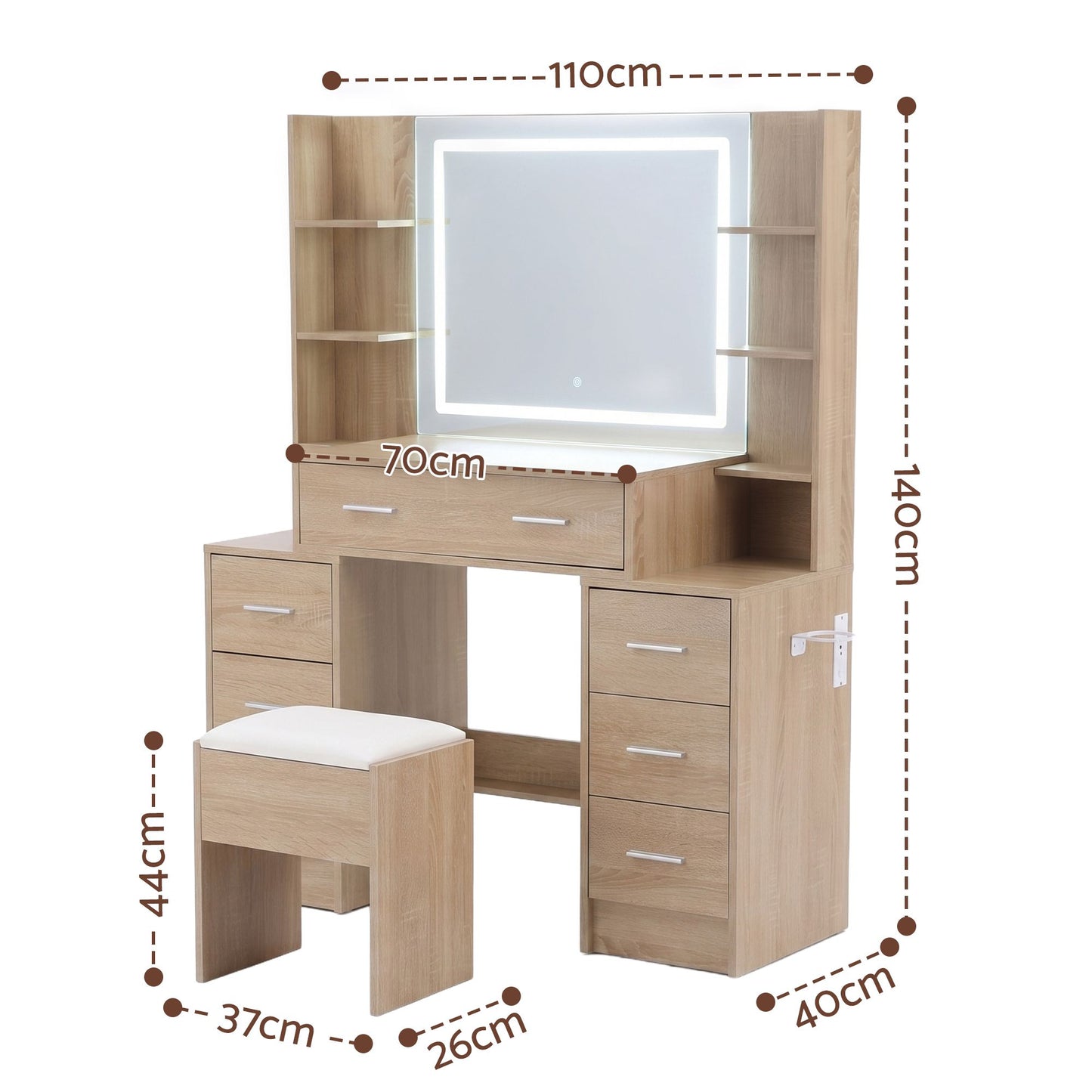 Dressing Table Vanity Desk Set Stool LED Charging Station - Wood