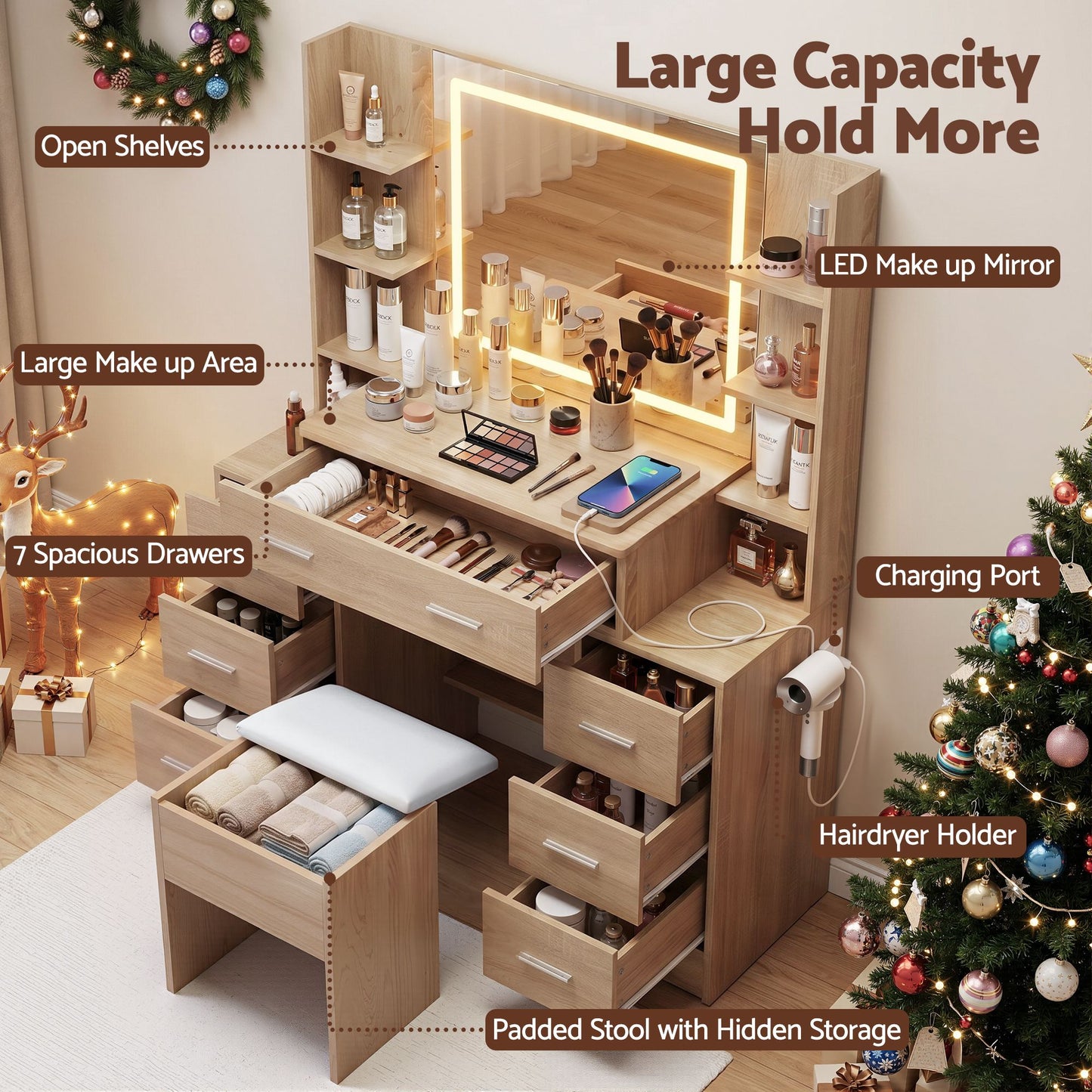Dressing Table Vanity Desk Set Stool LED Charging Station - Wood