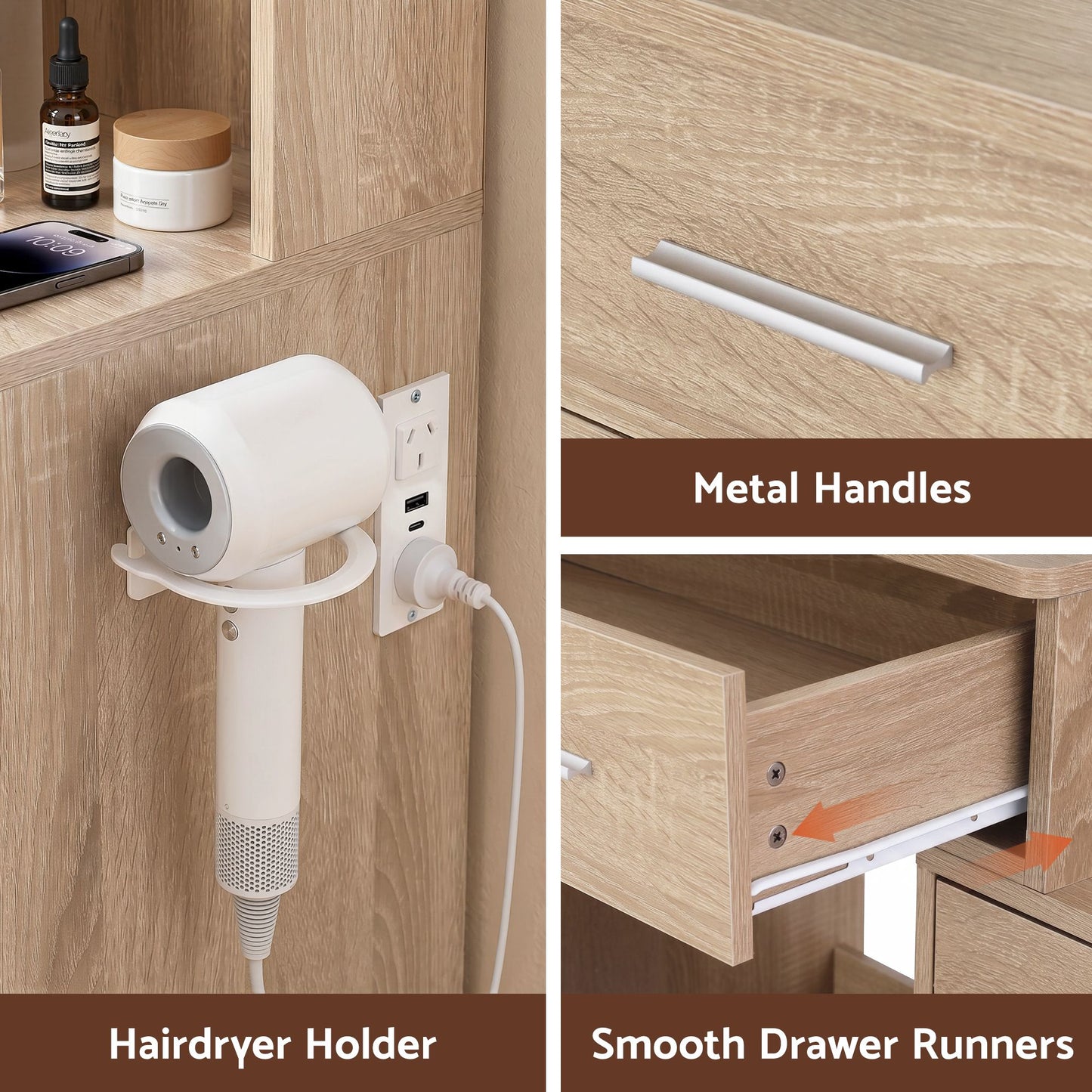 Dressing Table Vanity Desk Set Stool LED Charging Station - Wood