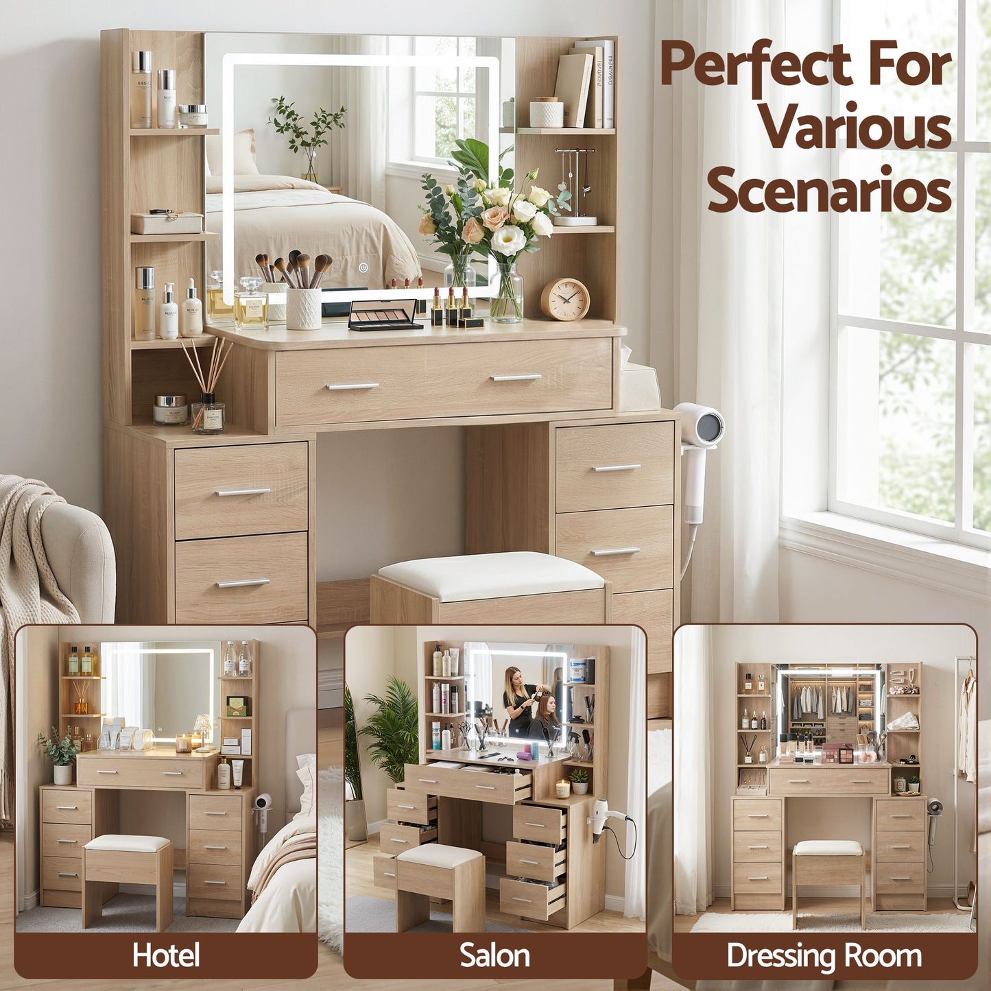 Dressing Table Vanity Desk Set Stool LED Charging Station - Wood