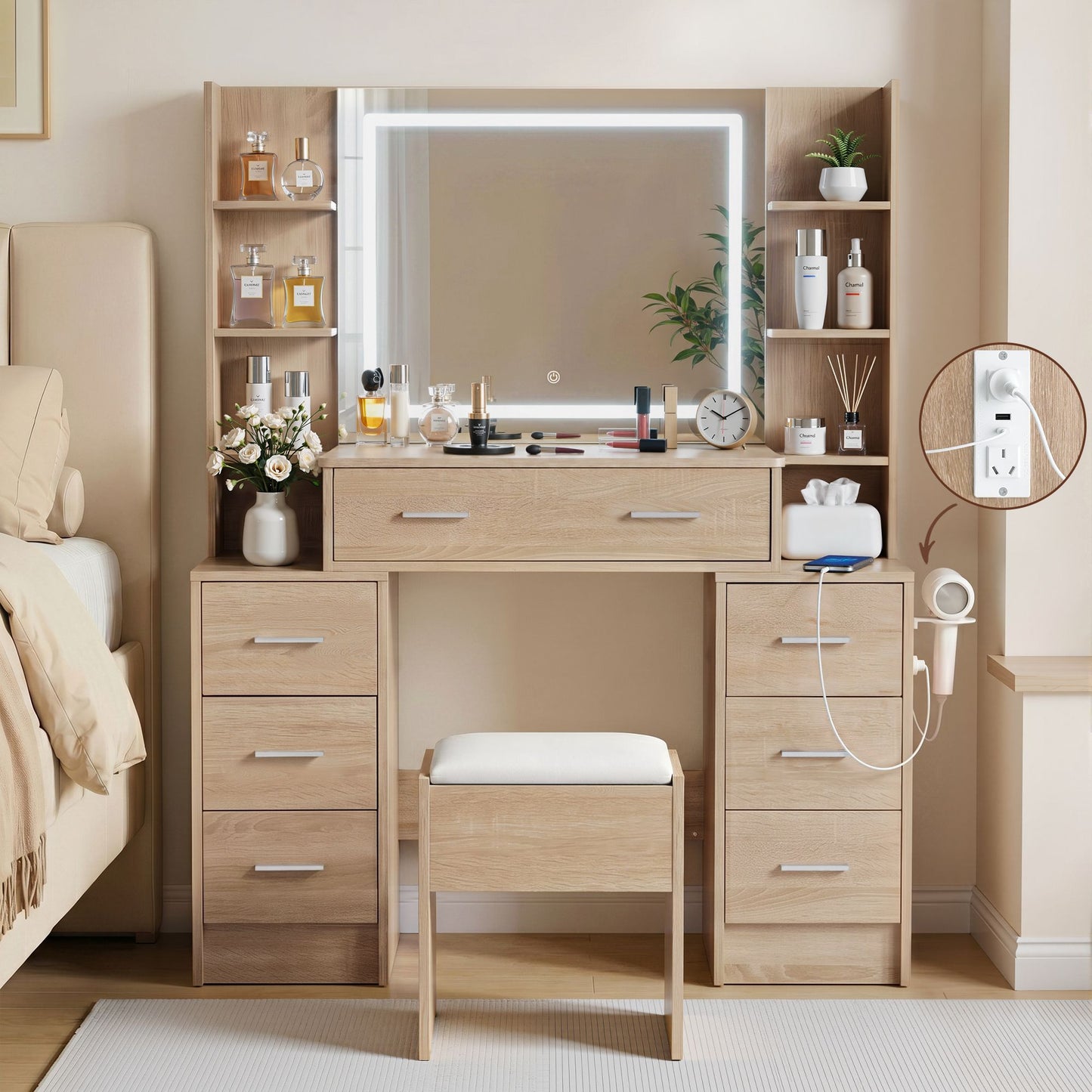 Dressing Table Vanity Desk Set Stool LED Charging Station - Wood