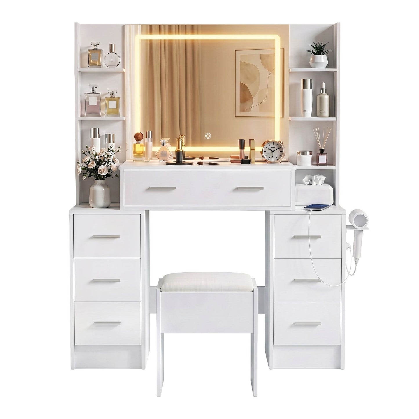 Dressing Table Vanity Desk Set Stool LED Charging Station - White