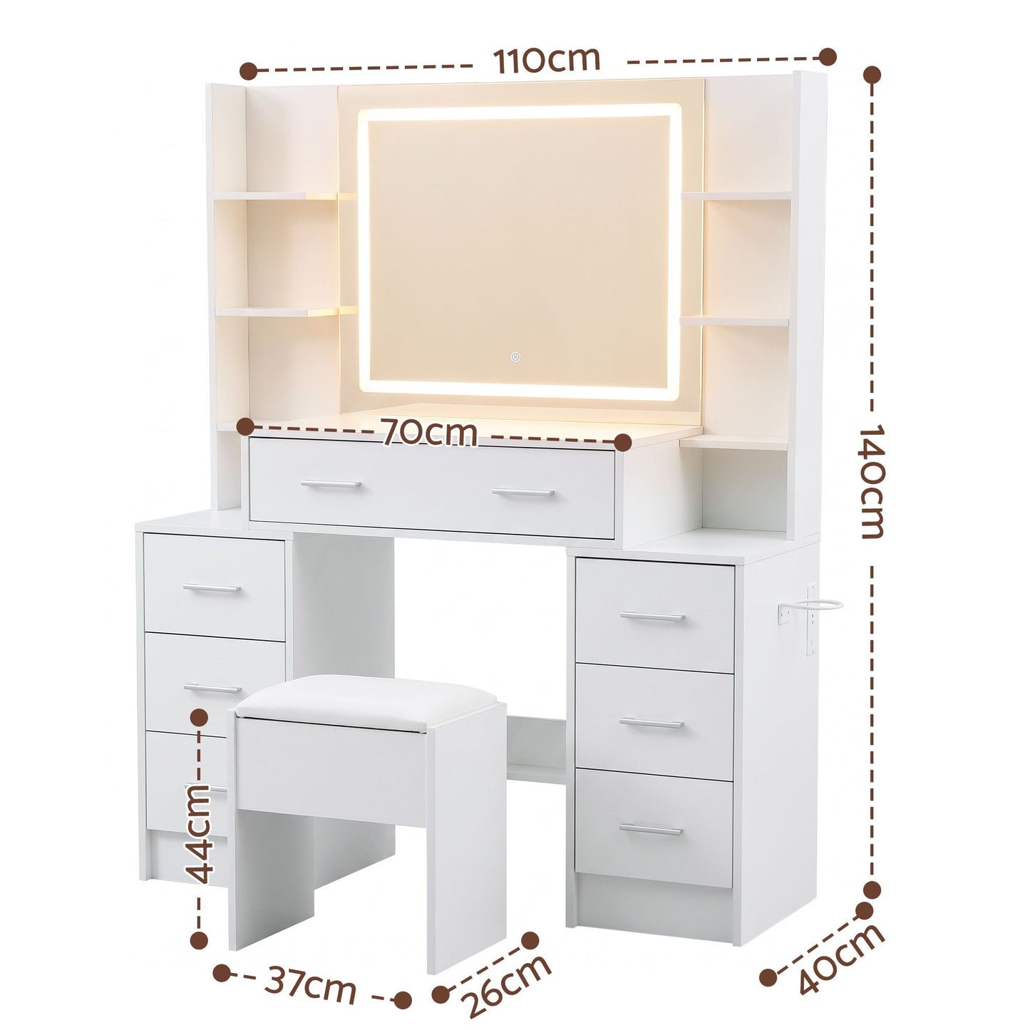 Dressing Table Vanity Desk Set Stool LED Charging Station - White