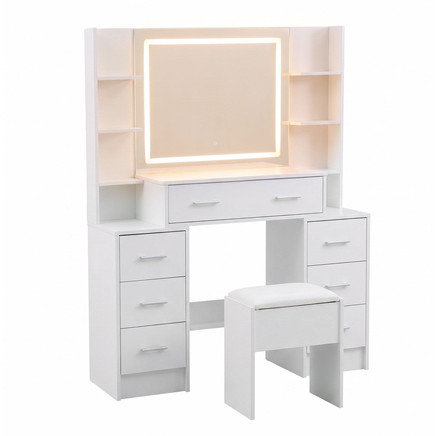 Dressing Table Vanity Desk Set Stool LED Charging Station - White