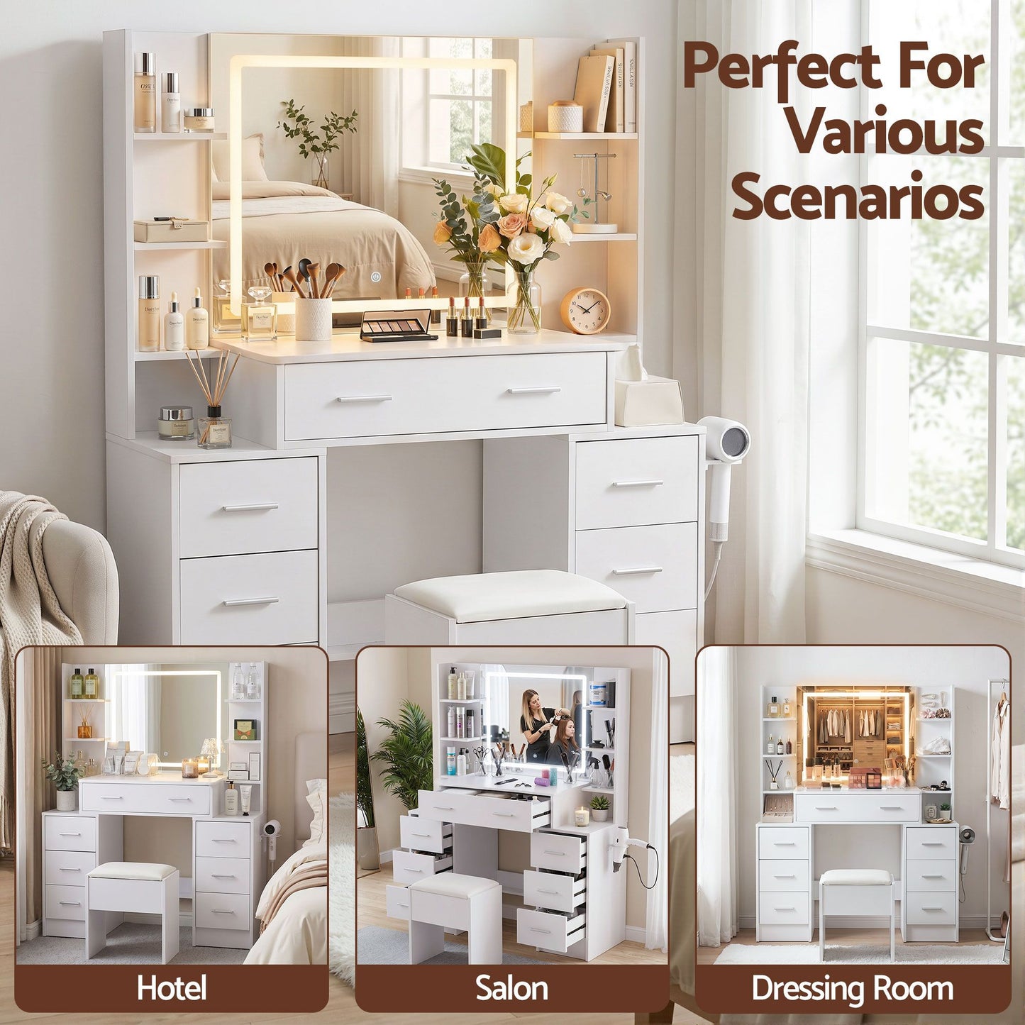 Dressing Table Vanity Desk Set Stool LED Charging Station - White