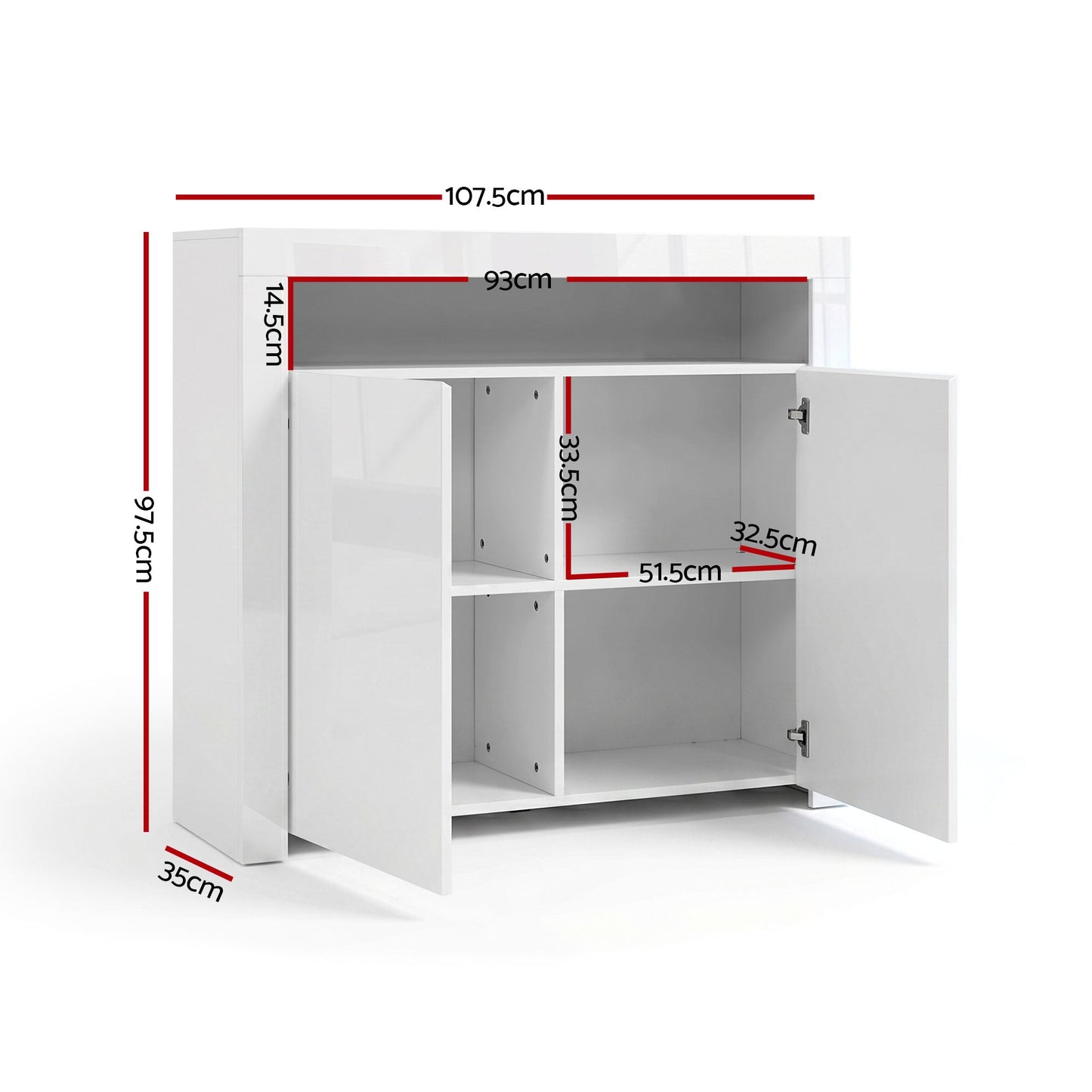 Set of 2 Soren Buffet Sideboard Cabinet LED Cupboard High-Gloss Storage Pantry - White