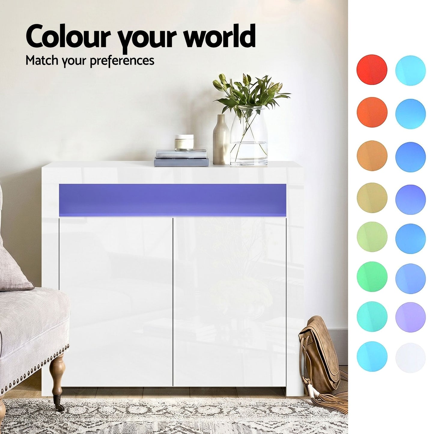 Set of 2 Soren Buffet Sideboard Cabinet LED Cupboard High-Gloss Storage Pantry - White