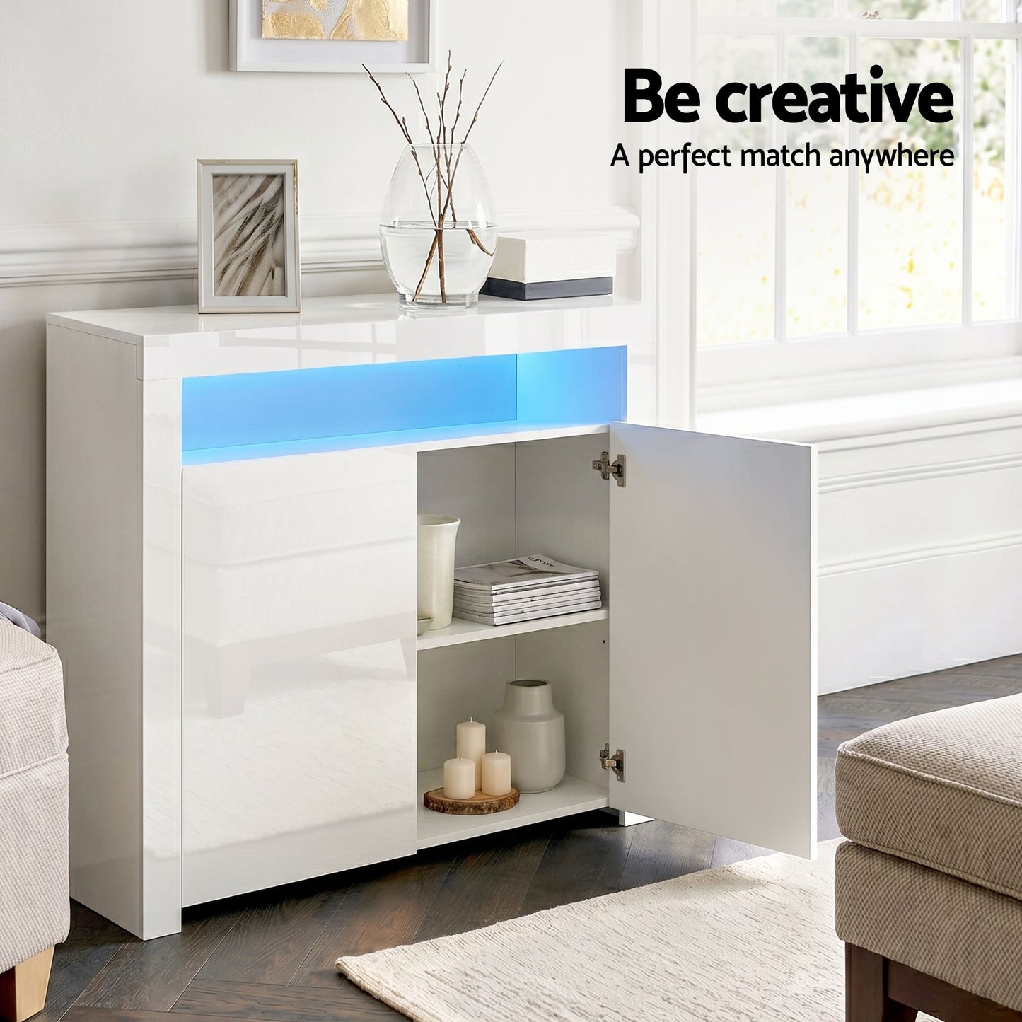 Set of 2 Soren Buffet Sideboard Cabinet LED Cupboard High-Gloss Storage Pantry - White
